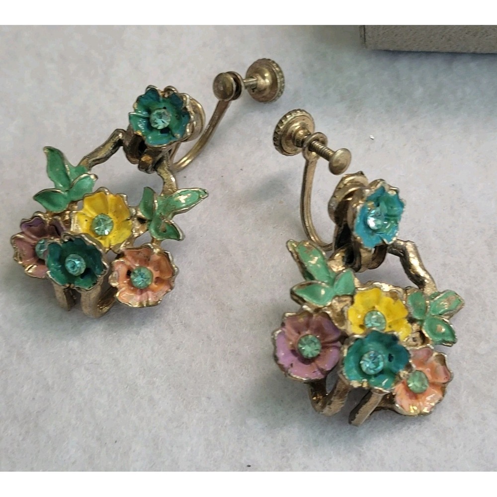 Enamel Flower Screw Back Earrings Rhinestone Floral Gold Tone Mid-Century Style